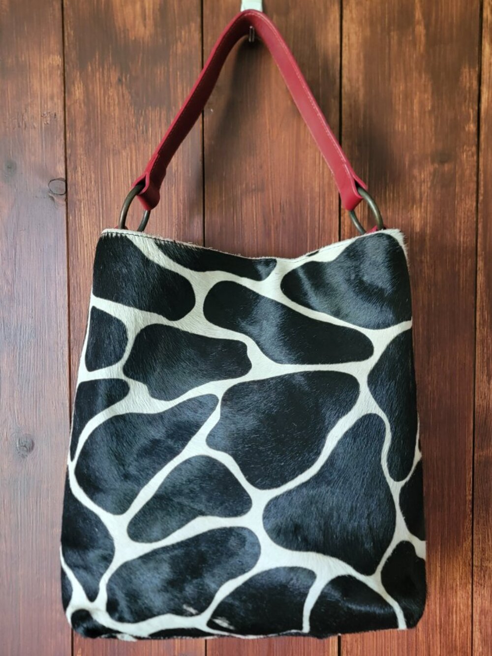 Maurizio Taiuti Italy Cowhide Hair On Hide Leather Shoulder Bag Red Animal Print - Picture 10 of 14